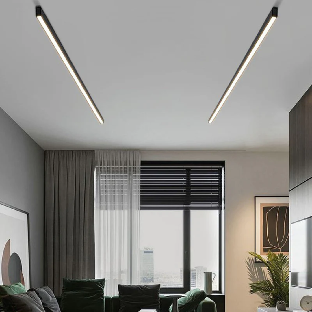 Moderne LED-Deckenleuchte, schwarz, minimalistisch, Wohnzimmerbeleuchtung, energiesparend.