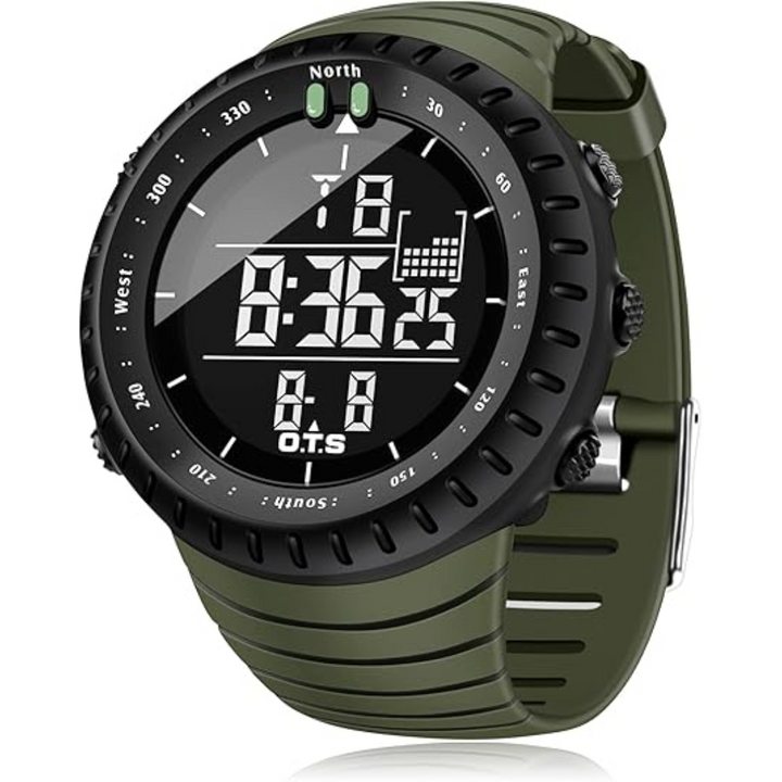 Grüne digitale Armbanduhr mit Kompass, Stoppuhr und LED-Anzeige für Outdoor-Aktivitäten.