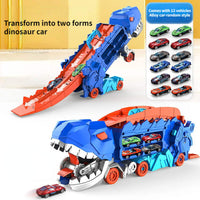 Spielzeug-Dinosaurier-Auto, blau-rot, mit 12 Mini-Autos, wandelbar, Kinder-Spielset.