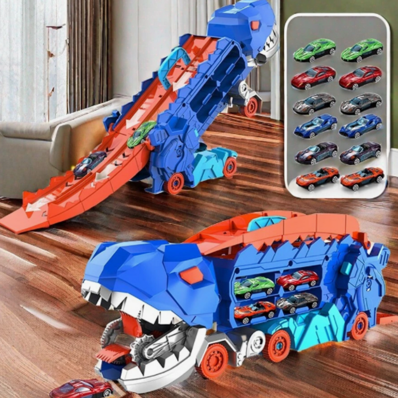 Blauer Dinosaurier-Spielzeugauto-Träger, Kinderzimmer, bunte Autos, Spielzeugaufbewahrung