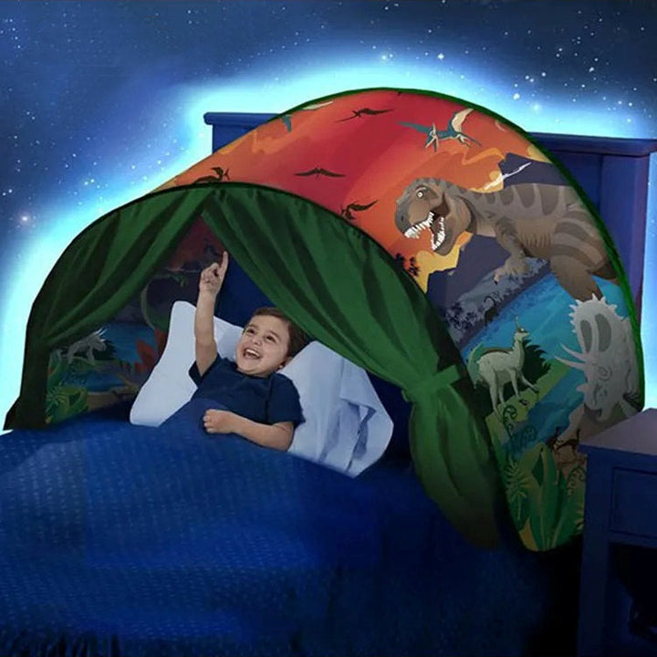 Kinderdinosaurier-Betthimmel, bunt, mit T-Rex-Motiv, für Jungenzimmer, Nachtlicht-Hintergrund.