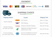 Zahlungsmethoden und Versandoptionen mit Lieferzeiten, DHL, EMS, Aliexpress, Economy Post.