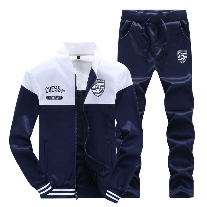Dunkelblauer Herren-Trainingsanzug, zweifarbig, mit Reißverschluss und Logo, sportlich, bequem.