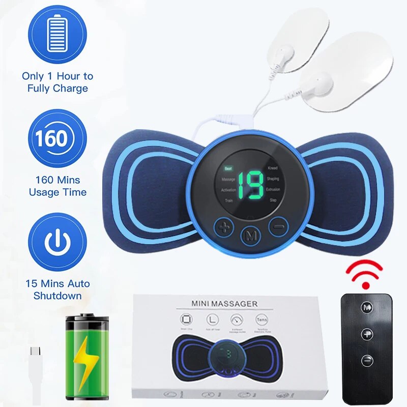 Elektronisches Mini-Massagegerät, blau, mit Fernbedienung und Ladeanzeige, tragbar.