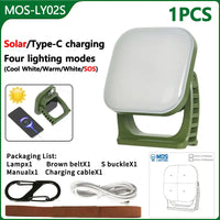 Grüne LED-Campinglampe mit Solar- und Typ-C-Ladung, vier Lichtmodi, tragbar.