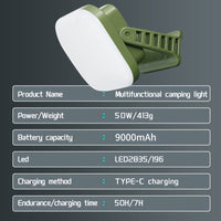 Grüne multifunktionale Campinglampe, 50W, 9000mAh, LED2835, USB-C, tragbar, Outdoor-Beleuchtung.