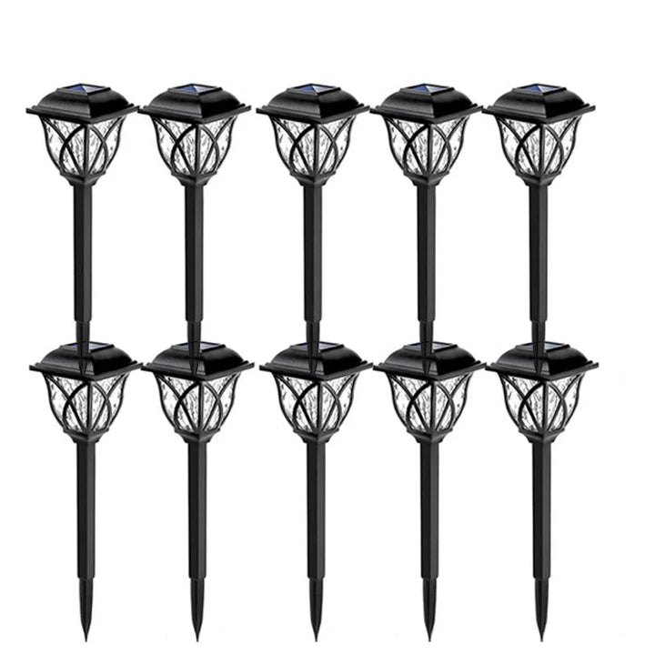 10 schwarze Solar-Gartenleuchten, LED, wetterfest, energiesparend, für Außenbereich.