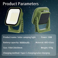 Grüne Solar-Campinglampe, 50W, 9000mAh, ABS+Glas, Typ-C/solarbetrieben, tragbar.