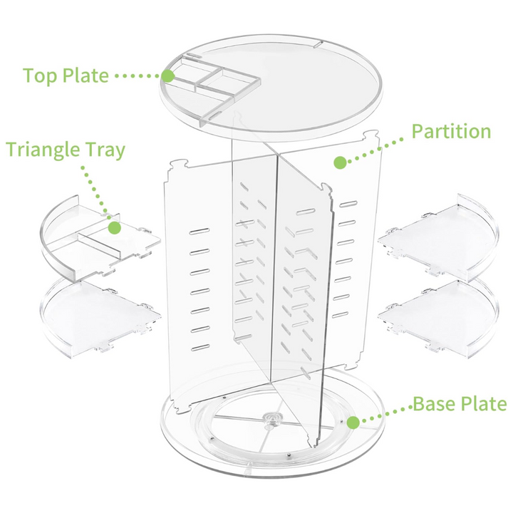 Transparenter drehbarer Organizer aus Kunststoff mit Trennwand und Dreieckstablett.