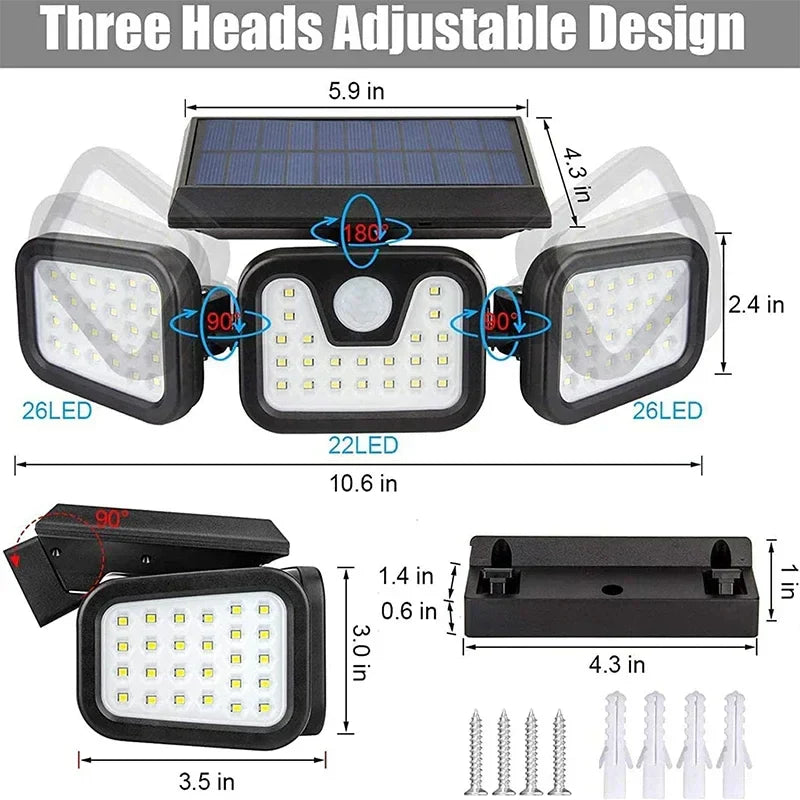 Solarleuchte mit drei verstellbaren LED-Köpfen, schwarz, wetterfest, energiesparend.