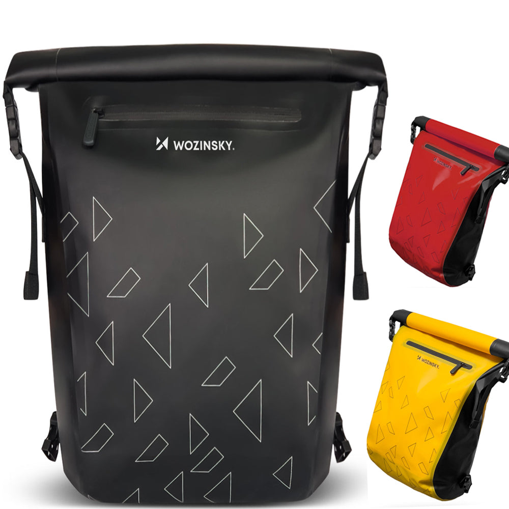 Schwarze, wasserdichte Fahrradtasche mit geometrischem Muster, ideal für Gepäckträger.