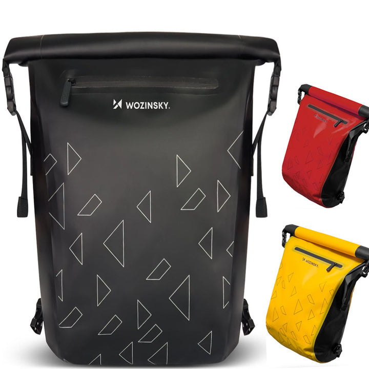Schwarze, wasserdichte Fahrradtasche mit geometrischem Muster, ideal für Gepäckträger.