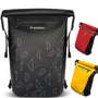 Schwarze, wasserdichte Fahrradtasche mit geometrischem Muster, ideal für Gepäckträger.