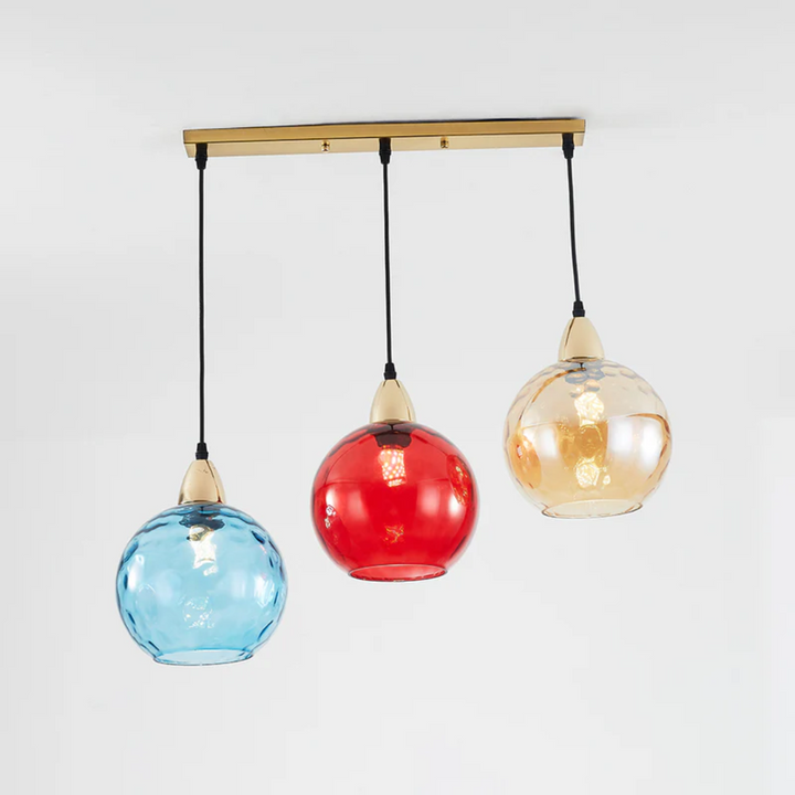 Dreifarbige Glas-Pendelleuchte, modern, blau-rot-gold, für Wohnzimmer oder Esszimmer.