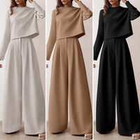 Damen-Zweiteiler Set, langärmelig, in Weiß, Beige und Schwarz, elegantes Design, weite Hose.