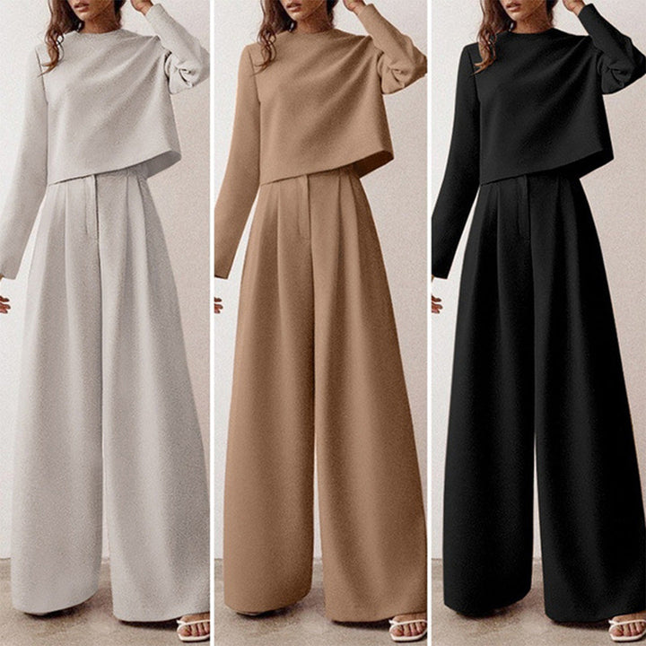 Damen-Zweiteiler Set, langärmelig, in Weiß, Beige und Schwarz, elegantes Design, weite Hose.