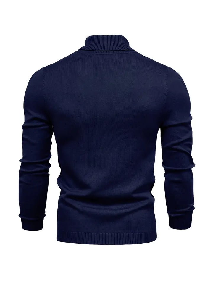 Dunkelblauer Herrenpullover, Langarm, Rollkragen, Strick, modisch, warm, elegant.