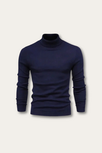 Dunkelblauer Rollkragenpullover Herren, langärmelig, Strick, elegant, modisch, Wintermode.