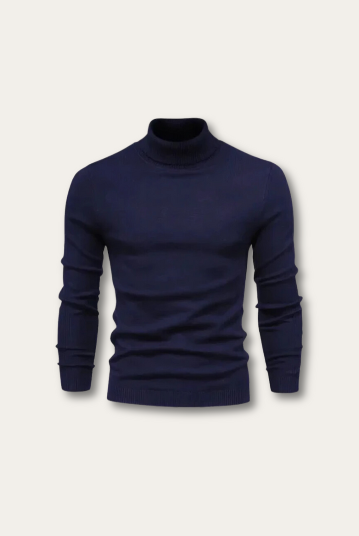Dunkelblauer Rollkragenpullover Herren, langärmelig, Strick, elegant, modisch, Wintermode.