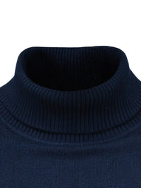 Dunkelblauer Rollkragenpullover aus Baumwolle, elegantes Design, Herbstmode für Damen.