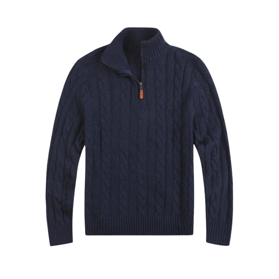 Dunkelblauer Herrenpullover mit Zopfmuster, Reißverschluss, Strickmode, Winterkleidung.