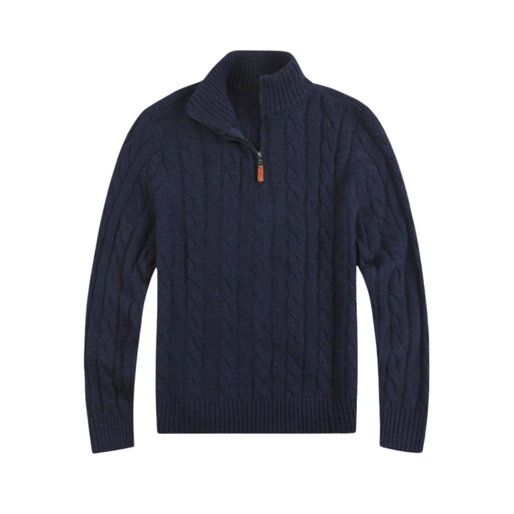 Dunkelblauer Herrenpullover mit Zopfmuster, Reißverschluss, Strickmode, Winterkleidung.