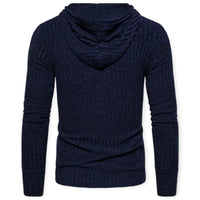 Dunkelblauer Herrenpullover mit Kapuze, Strickmuster, langärmelig, modisch, bequem.