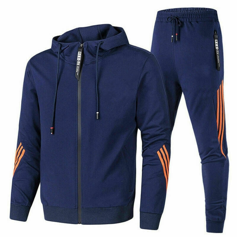 Dunkelblauer Trainingsanzug mit Kapuze und orange Streifen, Herren-Sportbekleidung.