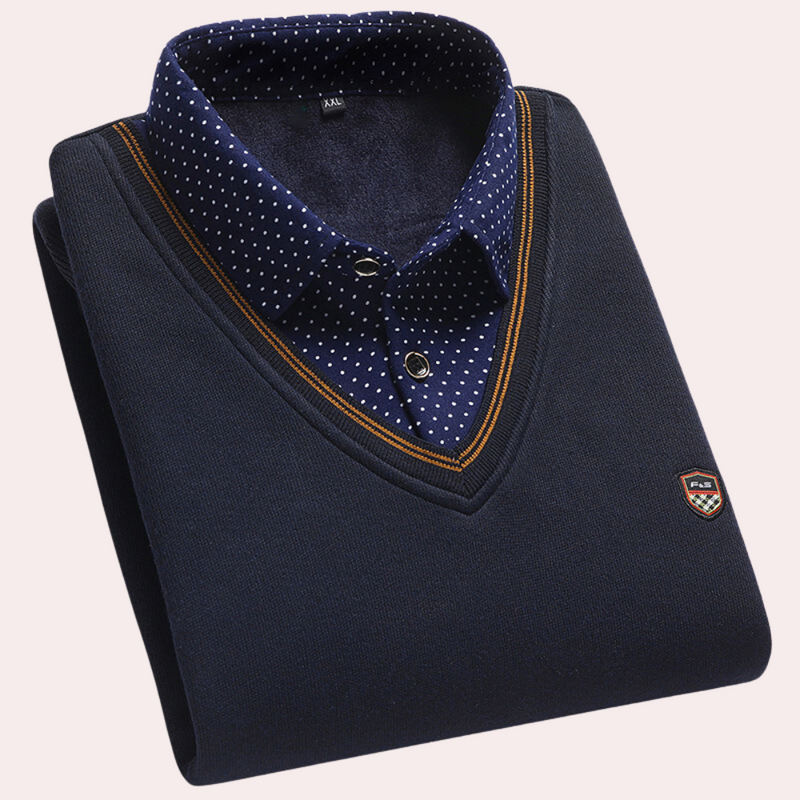 Dunkelblauer Herrenpullover mit gepunktetem Hemdkragen, elegantes Design, Baumwolle.