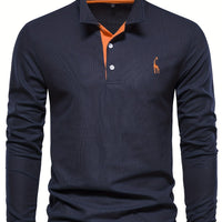 Dunkelblaues Herren-Poloshirt, langarm, mit orangefarbenem Kragen und Stickerei, Baumwolle.