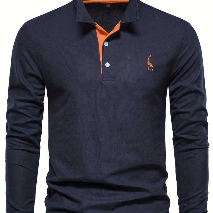 Dunkelblaues Herren-Poloshirt, langarm, mit orangefarbenem Kragen und Stickerei, Baumwolle.