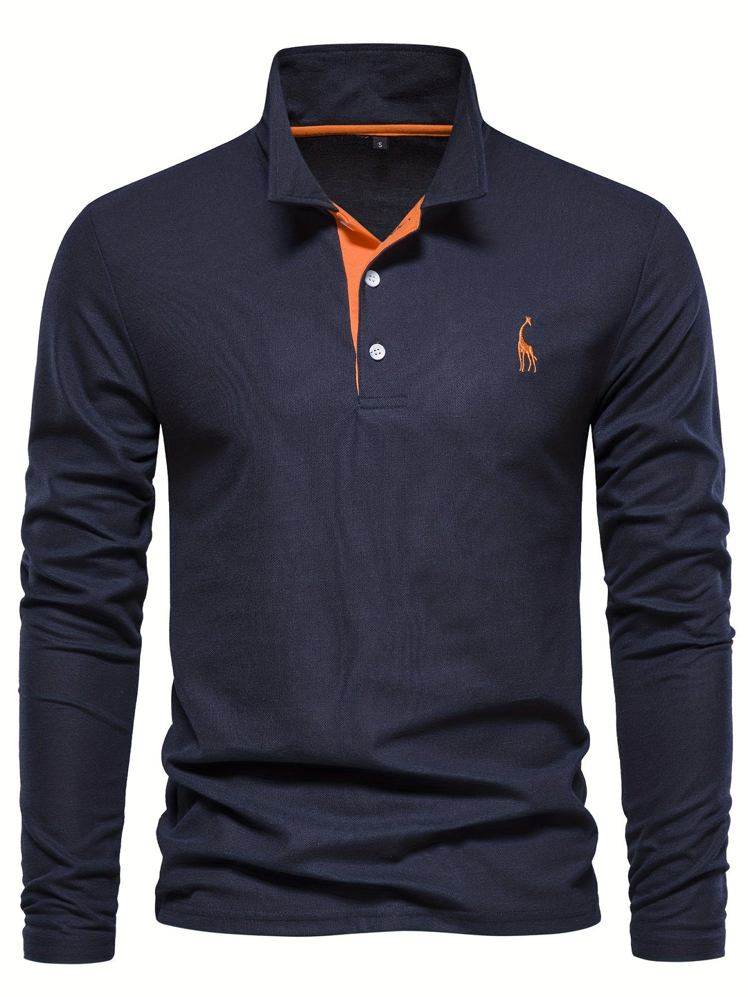 Dunkelblaues Herren-Poloshirt, langärmelig, mit orangefarbenem Kragen und Knopfleiste.