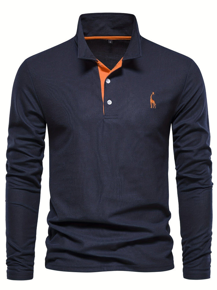 Dunkelblaues Herren-Poloshirt, langärmelig, mit orangefarbenem Kragen und Knopfleiste.