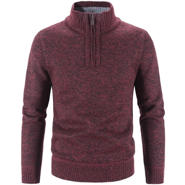 Roter Herrenpullover mit Reißverschluss, Strick, warm, modisch, Winterkleidung.