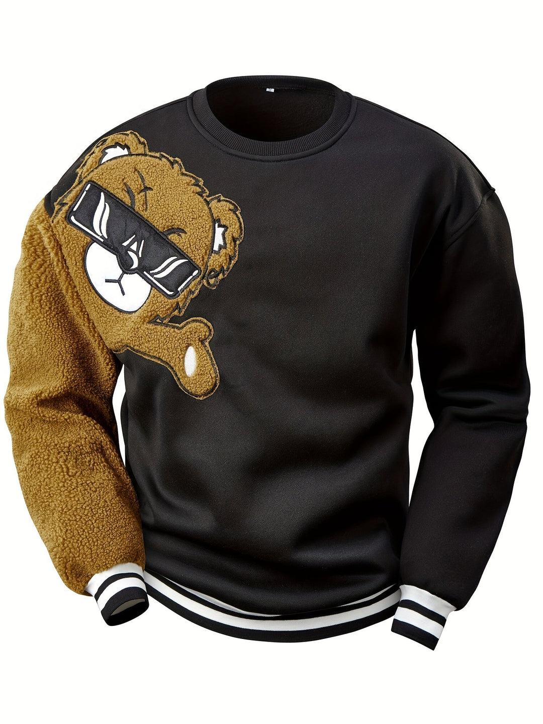 Schwarzer Sweatshirt mit Bärenmotiv, Plüschärmel, Unisex, modisch, Baumwolle, Streetwear.