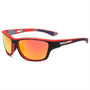 Rote Sportsonnenbrille mit orange verspiegelten Gläsern, UV-Schutz, Unisex-Design.