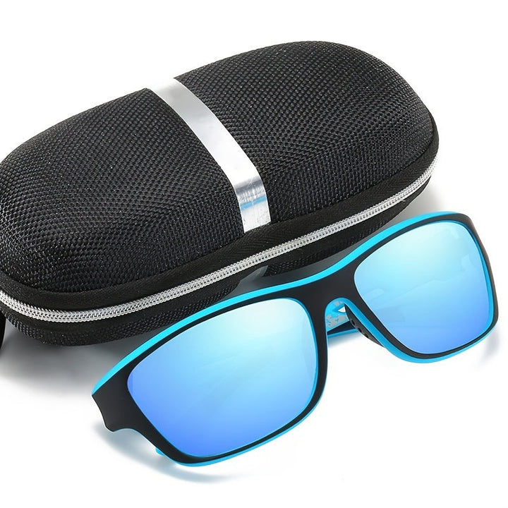 Schwarze Sonnenbrille mit blauen Gläsern und Etui, modisch, UV-Schutz, Accessoire.