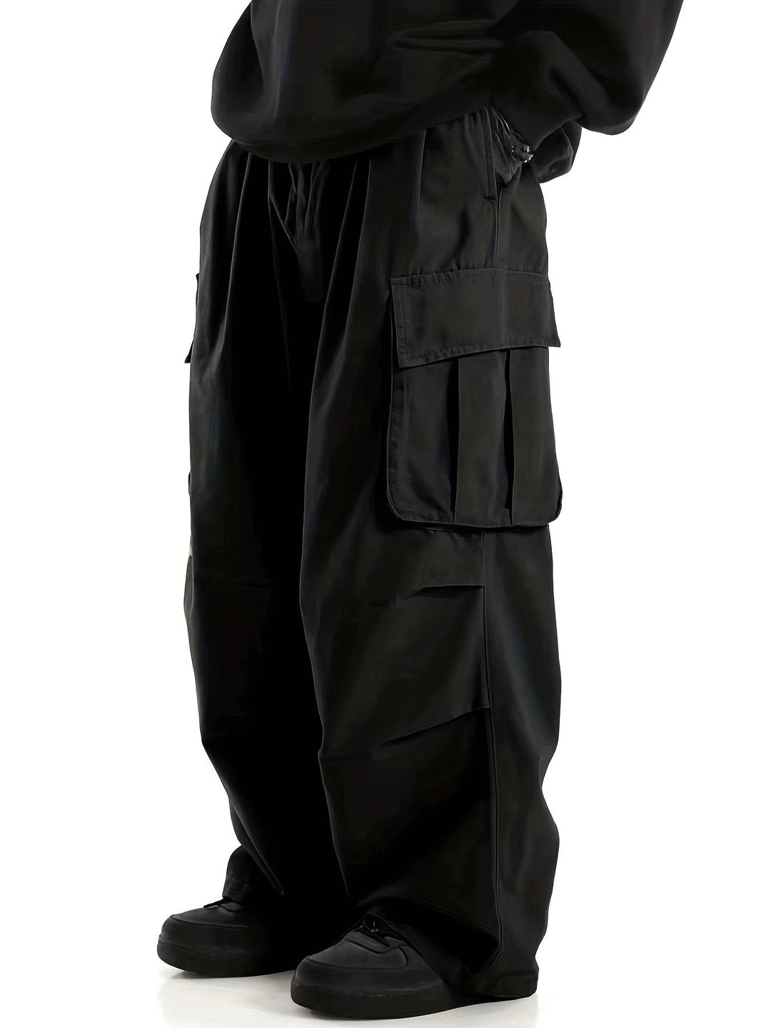 Schwarze Cargo-Hose Herren, weites Bein, Taschen, Streetwear, Baumwolle, modisch