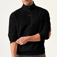 Männerpullover schwarz, Stehkragen, Knopfleiste, Langarm, Freizeitmode, Herrenbekleidung.