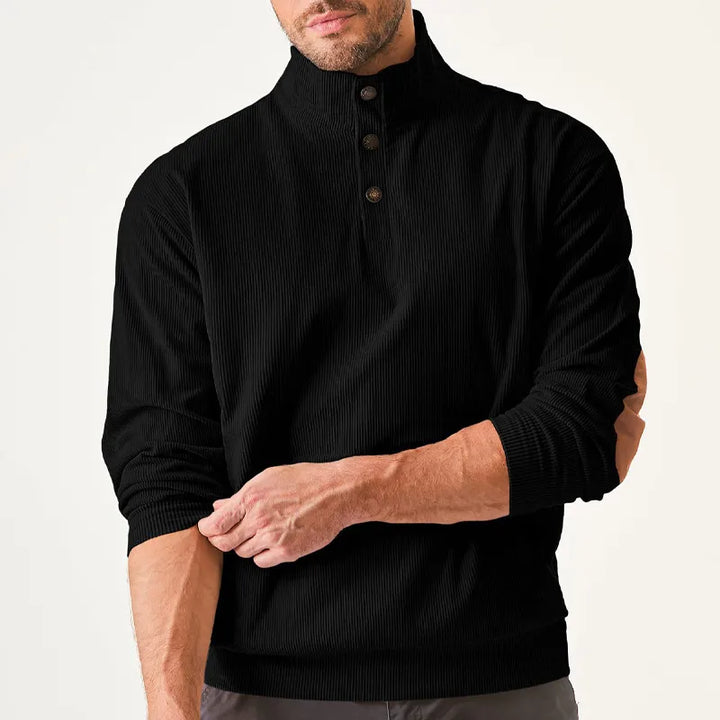 Männerpullover schwarz, Stehkragen, Knopfleiste, Langarm, Freizeitmode, Herrenbekleidung.
