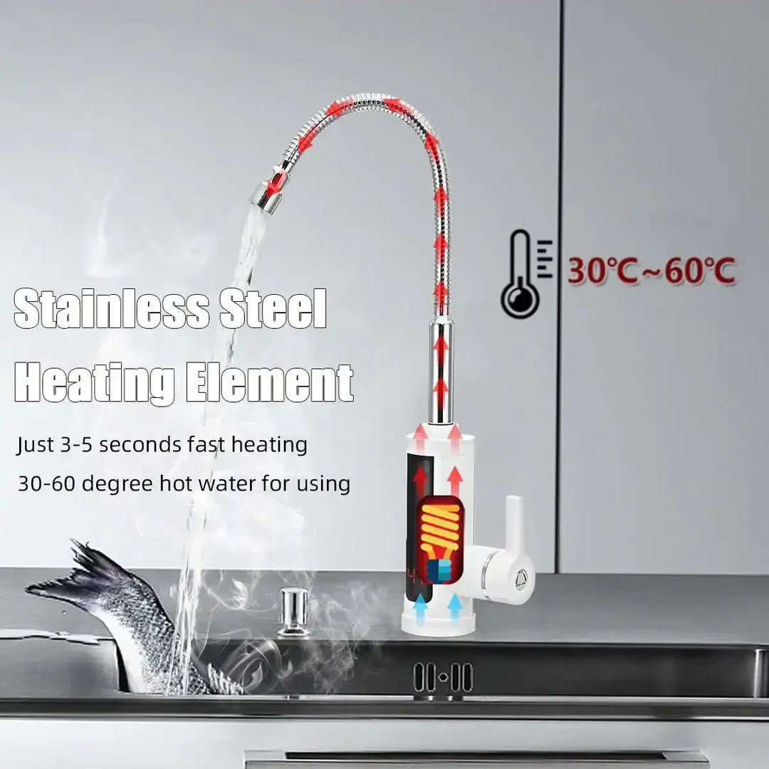 Elektrischer Wasserhahn mit Edelstahl-Heizelement, schnelles Erhitzen, 30-60°C, Küche.