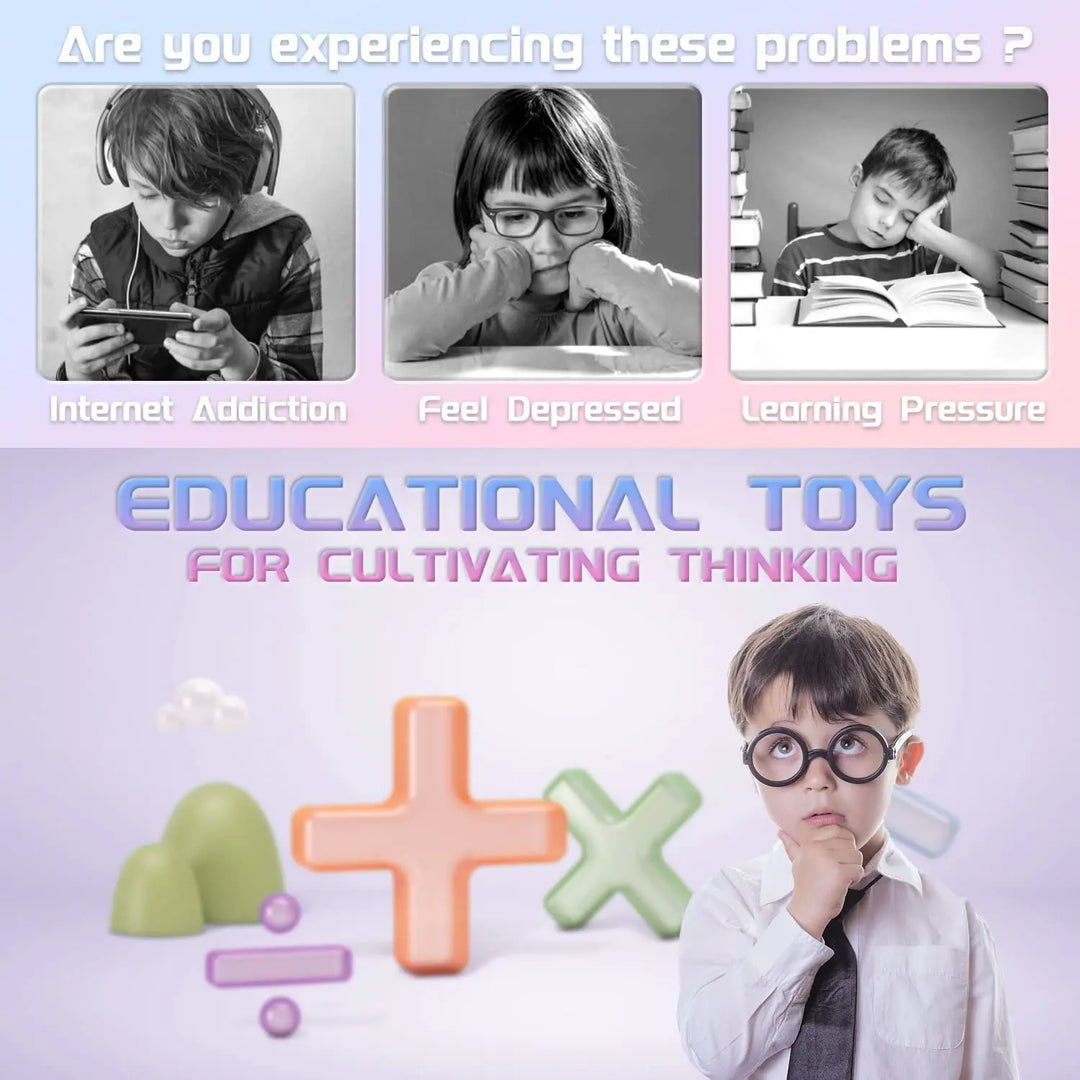 Junge mit Brille, umgeben von bunten Lernspielzeugen, fördert kreatives Denken.