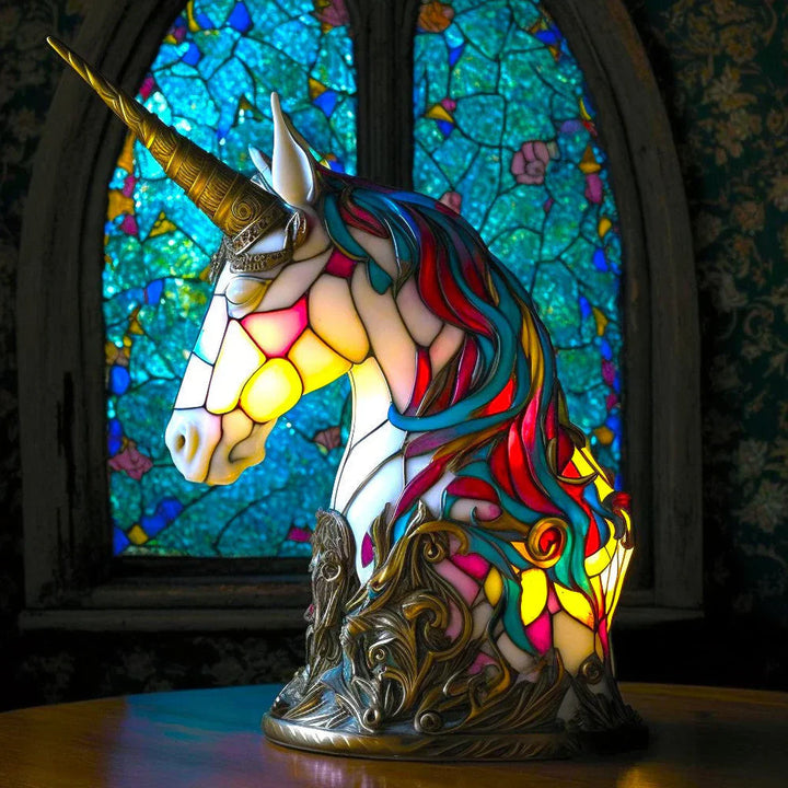 Buntes Einhorn-Tiffany-Lampe, Glasmalerei, dekorative Beleuchtung, Wohnzimmer, Kunstobjekt