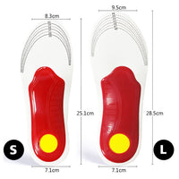 Orthopädische Einlegesohlen, rot-gelb, Größen S und L, Fußstütze, Dämpfung, Komfort.