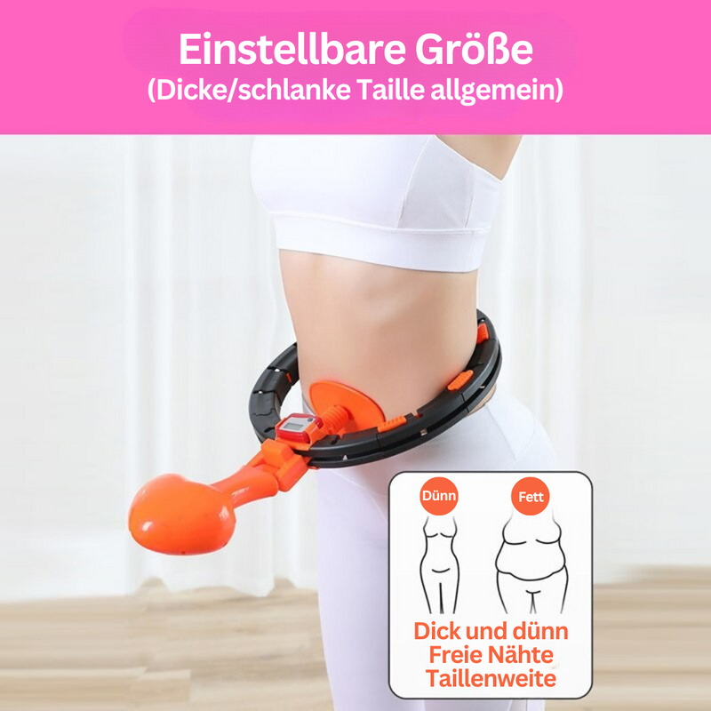 Frau mit verstellbarem Fitness-Hoop, schwarz-orange, für Taille, Gewichtsverlust, Training.