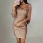 Damen Paillettenkleid, V-Ausschnitt, elegant, gold, Partykleid, lange Ärmel, figurbetont.
