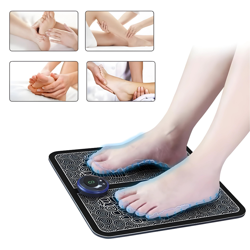 Elektrische Fußmassagegerät, schwarz, mit LED-Anzeige, zur Entspannung und Schmerzlinderung.