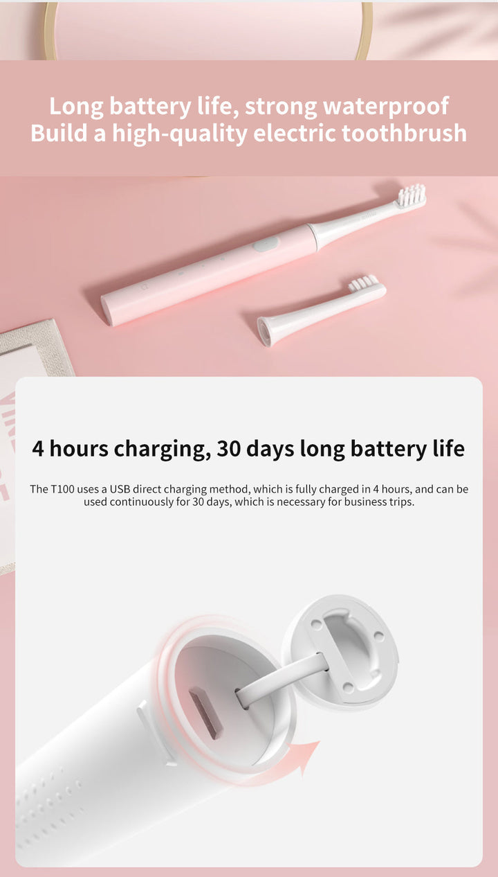 Elektrische Zahnbürste rosa, USB-Ladung, lange Akkulaufzeit, wasserdicht, ideal für Reisen.