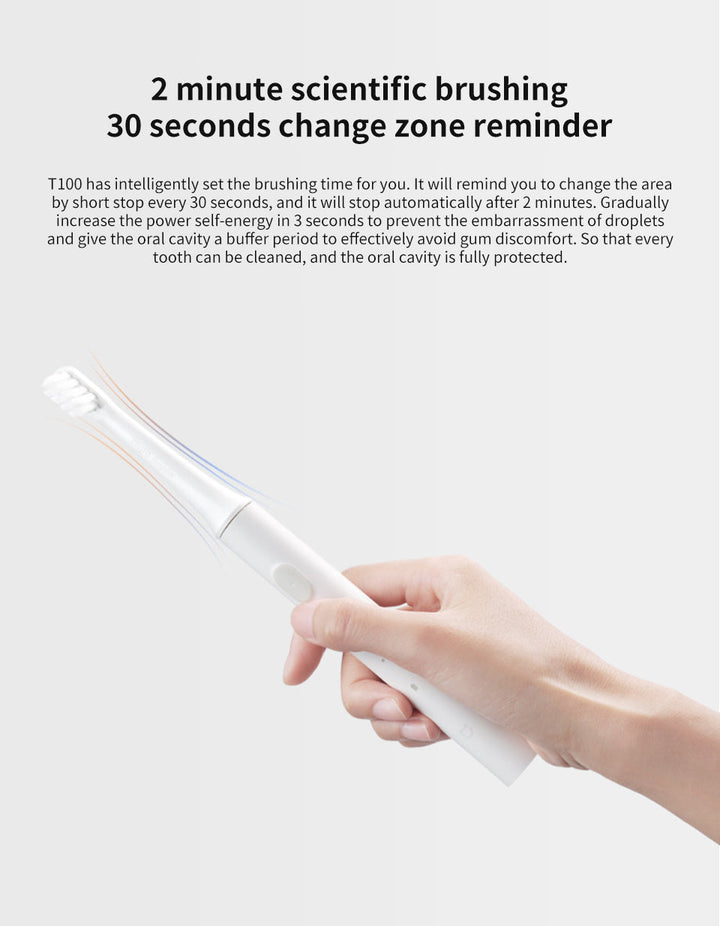 Elektrische Zahnbürste T100, weiß, ergonomisches Design, Timer-Funktion, sanfte Reinigung.