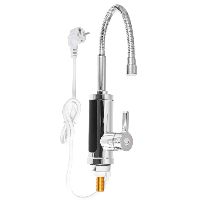 Elektrischer Wasserhahn, verchromt, mit flexiblem Auslauf und EU-Stecker, energiesparend.
